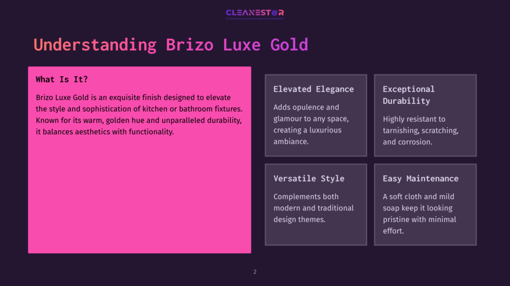 Understanding Brizo Luxe Gold: This Graphic Highlights The &Quot;Brizo Luxe Gold&Quot; Finish For Kitchen And Bathroom Fixtures, Emphasizing Its Exquisite Golden Hue, Unparalleled Durability, Elevated Elegance, And Easy Maintenance.