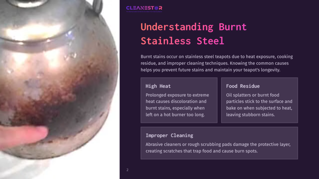 Close-Up Of A Burnt Stainless Steel Teapot With A Discolored, Darkened Exterior, Showcasing Stains From Heat And Food Residue.