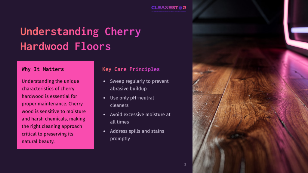 Split Image: Left Side Features A Purple Background With Text About Cherry Hardwood Floors; Right Side Shows Polished Cherry Wood Flooring With Warm Tones.