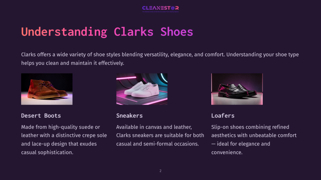 Three Pairs Of Clarks Shoes: Desert Boots, Sneakers, And Loafers, Displayed Against A Dark Background With Subtle Lighting.