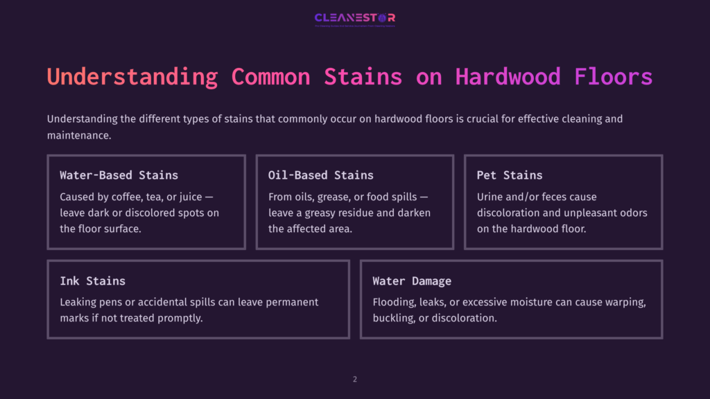 2 Understanding Common Stains On Hardwood Floors Graphic Detailing Common Hardwood Floor Stains: Water, Oil, And Pet Stains, With Descriptions And Effects On Wood Surfaces.