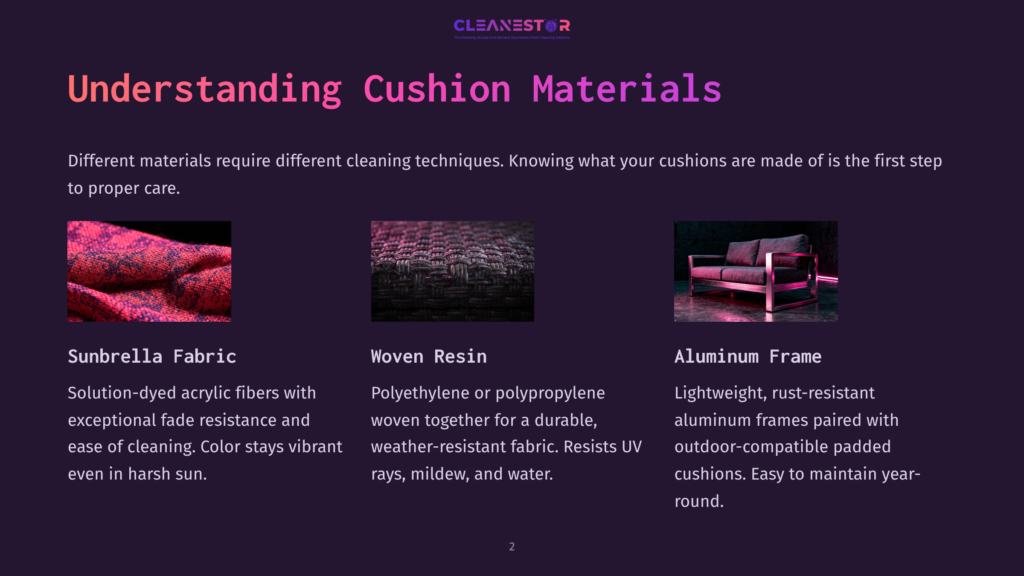 Three Cushion Material Examples: Sunbrella Fabric With A Red And Pink Textured Weave, Woven Resin With A Dark, Intricate Criss-Cross Pattern, And An Aluminum Frame Outdoor Sofa With Plush Cushions.