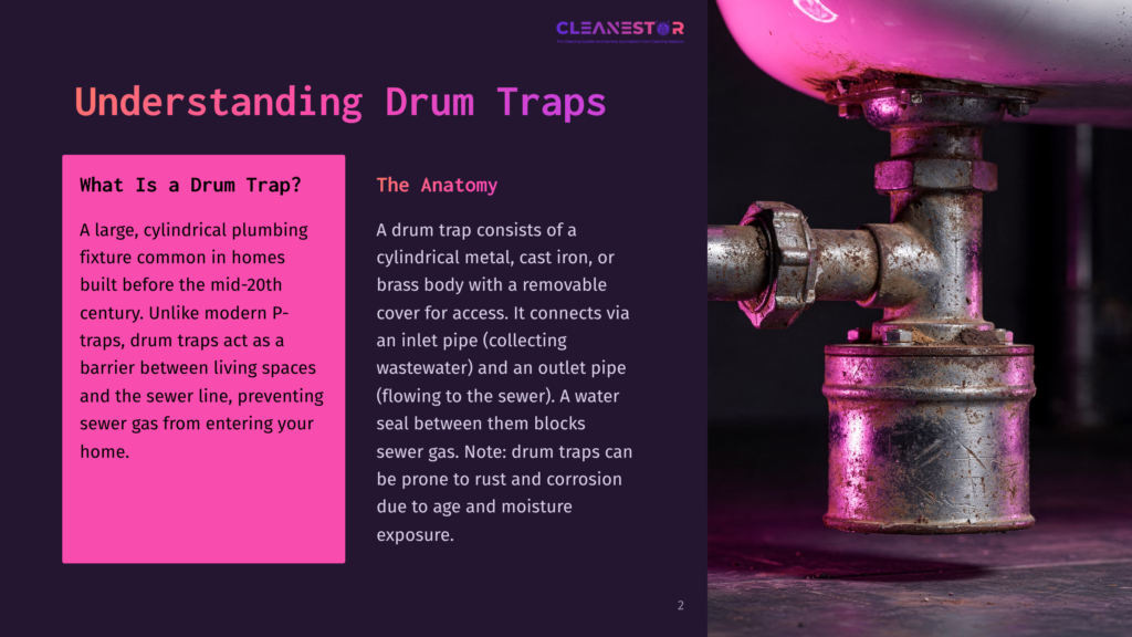 2 Understanding Drum Traps Close-Up Of A Cylindrical Drum Trap Made Of Metal, With Visible Connections And A Pink Background, Illustrating Plumbing Components.