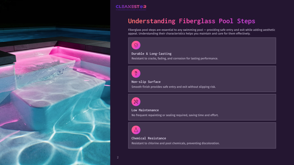 2 Understanding Fiberglass Pool Steps Close-Up Of Illuminated Fiberglass Pool Steps With A Pink Glow, Featuring A Non-Slip Surface And Clear Water.