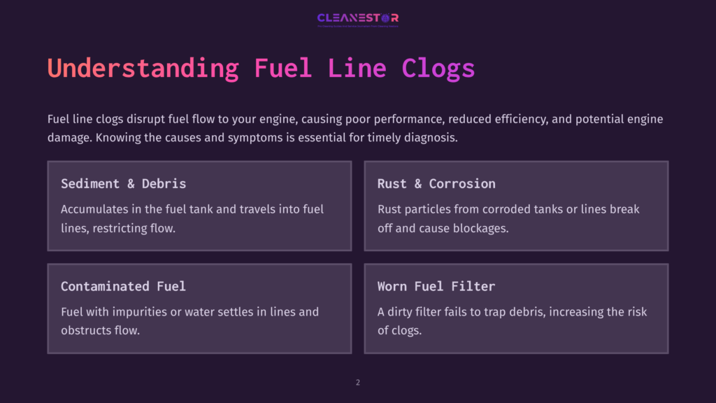 Diagram Outlining Causes Of Fuel Line Clogs, Featuring Sections On Sediment, Rust, Contaminated Fuel, And Worn Filters, With Purple And White Text.