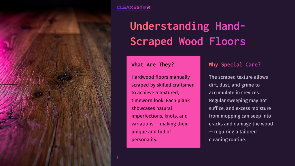 Close-Up Of Hand-Scraped Wood Flooring With A Rustic, Textured Finish, Illuminated By Dramatic Pink And Purple Lighting. Text Overlay Reads &Quot;Cleanestor&Quot; And &Quot;Understanding Hand-Scraped Wood Floors&Quot;.