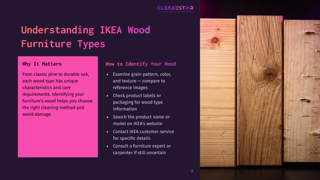Close-Up Of Four Types Of Wood Planks: Knotty Pine, Smooth Light Wood, Darker Wood With Prominent Grain, And Pale Birch Bark Texture. Text Overlay Reads &Quot;Understanding Ikea Wood Furniture Types.