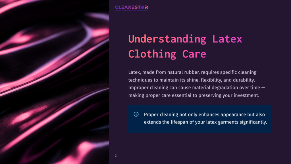 Close-Up Of A Shiny, Dark Purple And Pink Textured Surface, Possibly Latex Clothing, With A Soft Glow And Subtle Highlights. Text On The Right Reads &Quot;Cleanestor&Quot; And &Quot;Understanding Latex Clothing Care&Quot;.