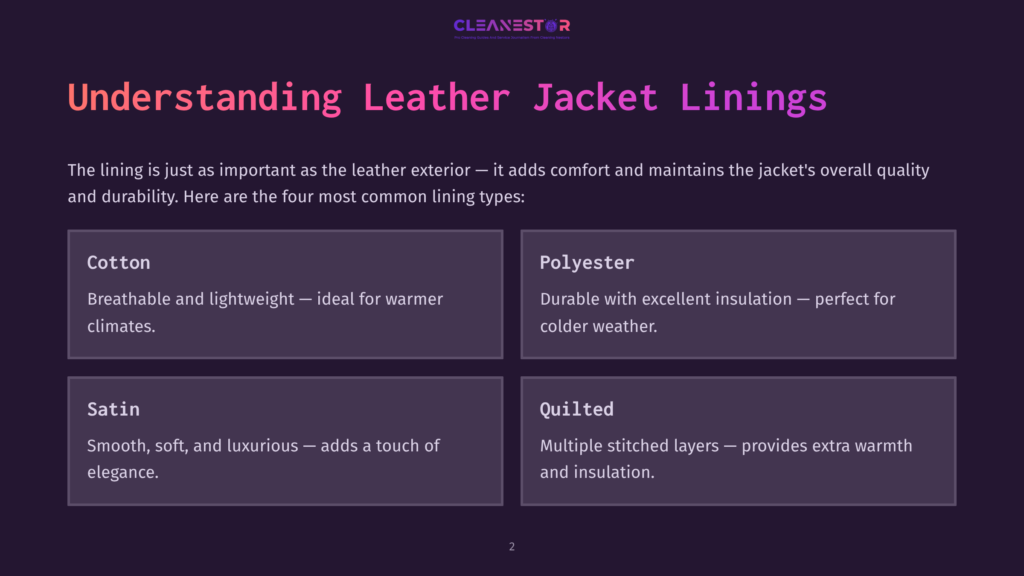 2 Understanding Leather Jacket Linings A Graphic Titled &Quot;Understanding Leather Jacket Linings&Quot; From Cleanestor, Detailing Four Common Lining Types: Cotton, Polyester, Satin, And Quilted, With Brief Descriptions Of Each.