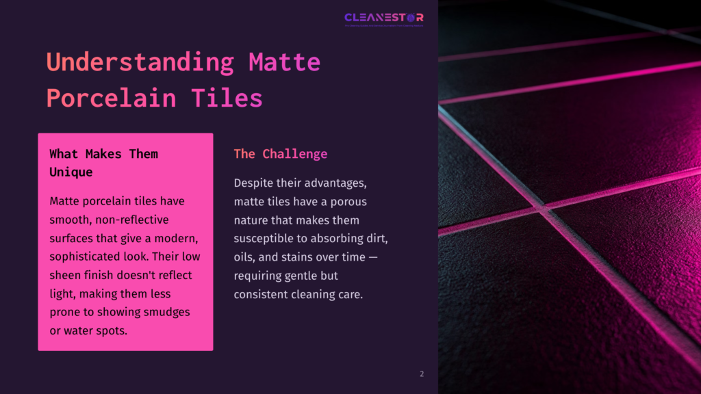 Dark Background With A Vibrant Pink Grid Pattern Showcasing Matte Porcelain Tiles, Accompanied By White Text Highlighting Their Unique Features.