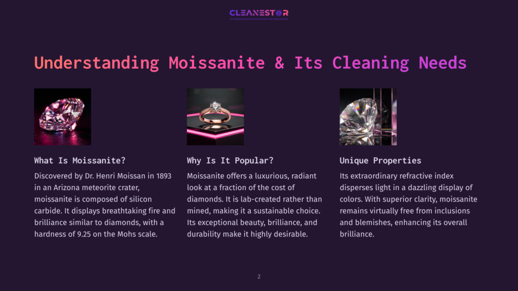 2 Understanding Moissanite And Its Cleaning Needs A Moissanite Ring Displayed With A Bright Sparkle, Alongside A Larger Moissanite Stone, Set Against A Dark Purple Background.