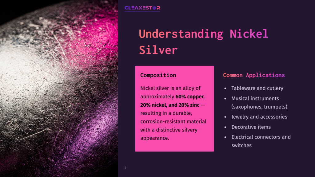 Close-Up Of Textured Nickel Silver With A Pink Light Reflection, Featuring Text &Quot;Cleanestor&Quot; And &Quot;Understanding Nickel Silver.