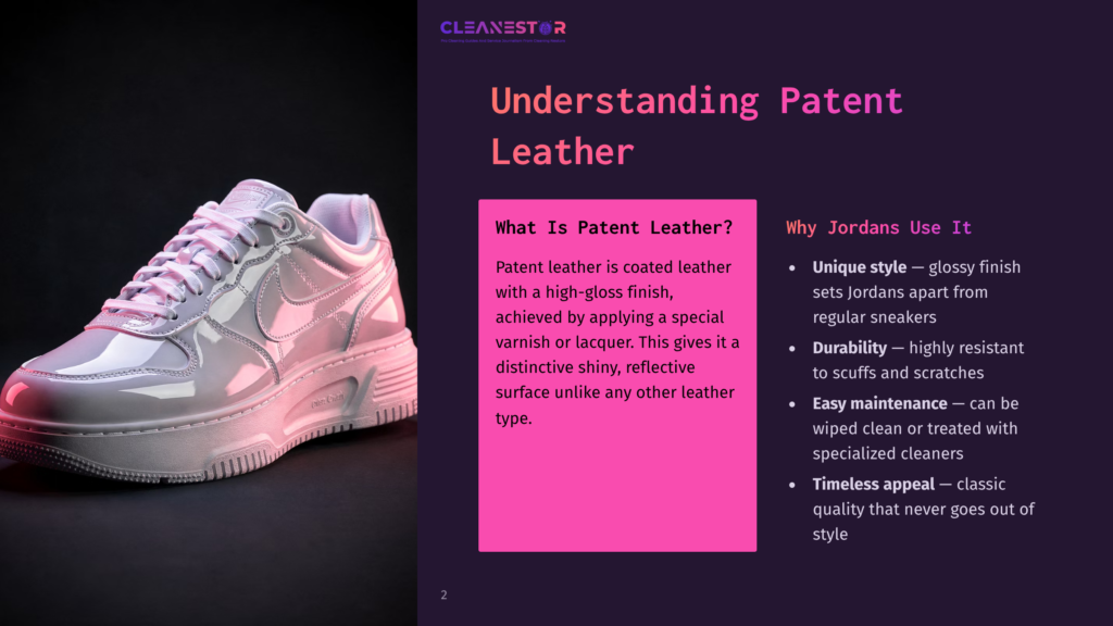 2 Understanding Patent Leather A Close-Up Of A Shiny, White Patent Leather Nike Air Force 1 Sneaker, Showcasing Its Glossy Finish And Reflective Surface. The Shoe Is Presented Against A Dark, Moody Background, With Text Overlays Discussing &Quot;Understanding Patent Leather.