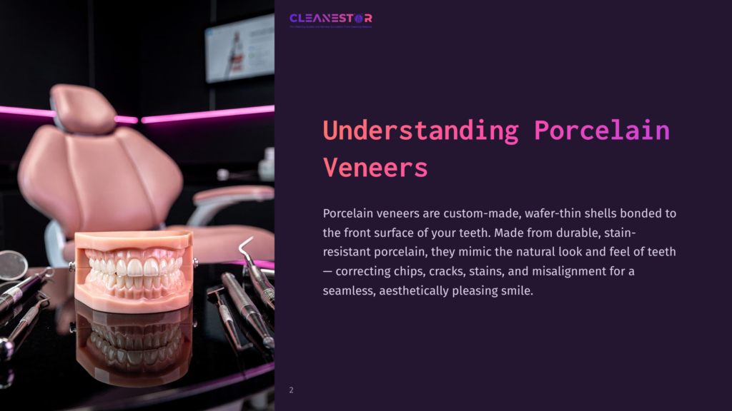 2 Understanding Porcelain Veneers A Dental Clinic Scene With A Pink Dental Chair, A Model Of Teeth, And Dental Instruments On A Black Surface, With Text About &Quot;Understanding Porcelain Veneers&Quot; Overlaid.