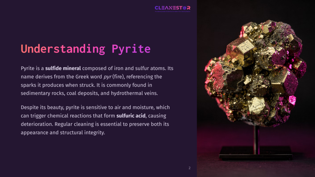 2 Understanding Pyrite Close-Up Of A Pyrite Mineral Cluster, Showcasing Its Metallic Gold Cubic Crystals With Reddish-Brown Accents, Set Against A Dark Background. Text Reads &Quot;Cleanestor&Quot; And &Quot;Understanding Pyrite&Quot;.