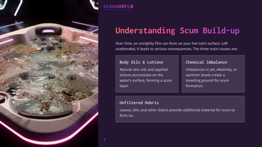 A Hot Tub With A Murky Water Surface, Showing Scum Buildup And Debris Along The Edges, Emphasizing Cleanliness Concerns.