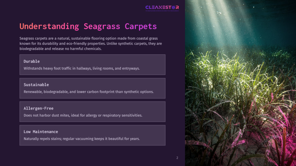 A Vibrant Underwater Scene Showcasing Seagrass With Sunlight Filtering Through The Water, Alongside Text Highlighting The Benefits Of Seagrass Carpets.