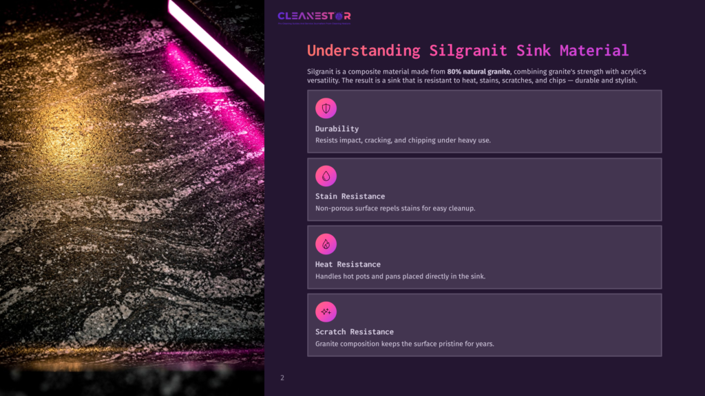 Cleanestor Logo Above Text About Silgranit Sink Material, Highlighting Durability, Stain Resistance, Heat Resistance, And Scratch Resistance.