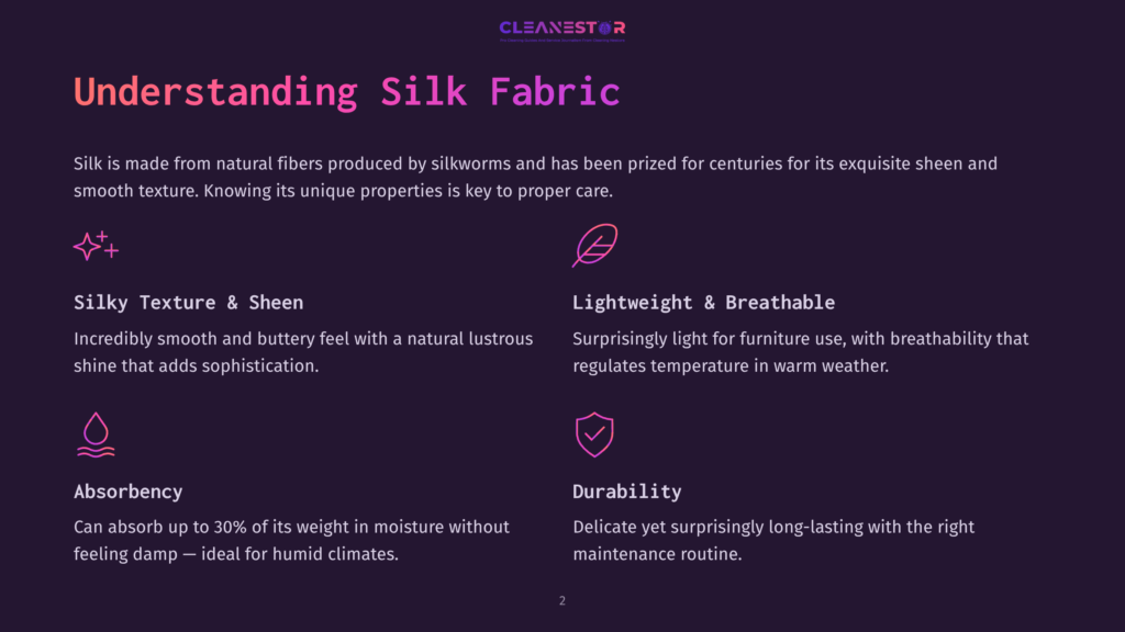 Text On A Dark Purple Background Highlighting Key Characteristics Of Silk Fabric, Including Texture, Breathability, And Durability.