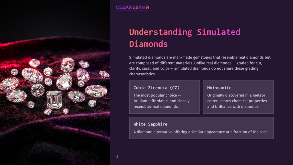 A Collection Of Simulated Diamonds, Including Cubic Zirconia And Moissanite, Arranged On A Dark Surface With Informative Text Boxes Nearby.