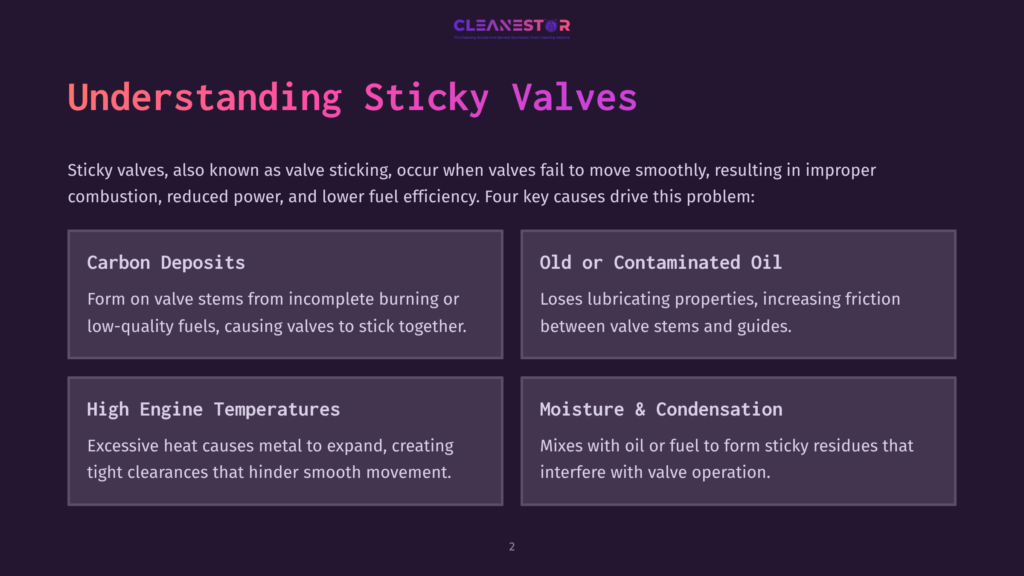 Diagram Titled &Quot;Understanding Sticky Valves&Quot; Detailing Four Causes: Carbon Deposits, Old Or Contaminated Oil, High Engine Temperatures, And Moisture Or Condensation.