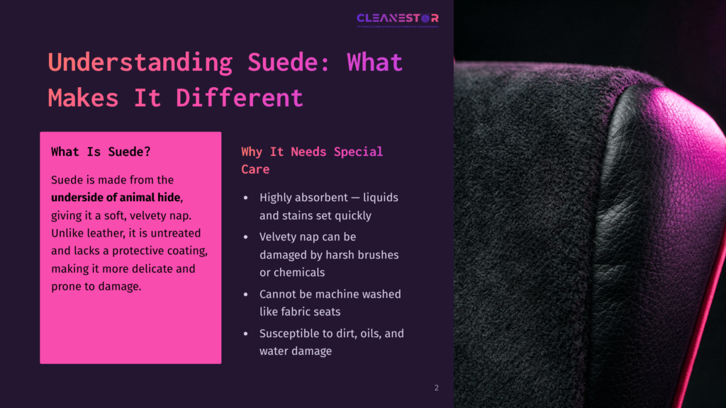 Close-Up Of A Black Suede Car Seat With A Textured, Velvety Nap, Illuminated By Dramatic Pink And Purple Lighting. Text Overlay Reads &Quot;Understanding Suede: What Makes It Different&Quot;.