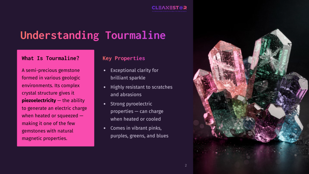 A Cluster Of Vibrant, Multi-Colored Tourmaline Crystals, Including Pink, Green, And Purple Hues, Glows Against A Dark Background. The Text &Quot;Understanding Tourmaline&Quot; Is Visible In The Upper Left Corner.