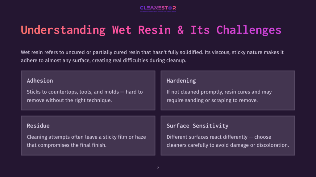 2 Understanding Wet Resin And Its Challenges Infographic Titled &Quot;Understanding Wet Resin &Amp; Its Challenges,&Quot; Detailing Adhesion, Hardening, Residue, And Surface Sensitivity Issues With Uncured Resin.