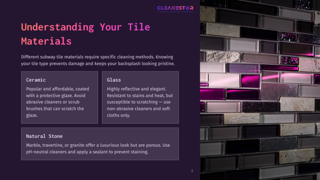 Close-Up Of A Modern, Reflective Subway Tile Backsplash In Shades Of Grey, White, And Vibrant Pink, With Text Overlay About Understanding Tile Materials.