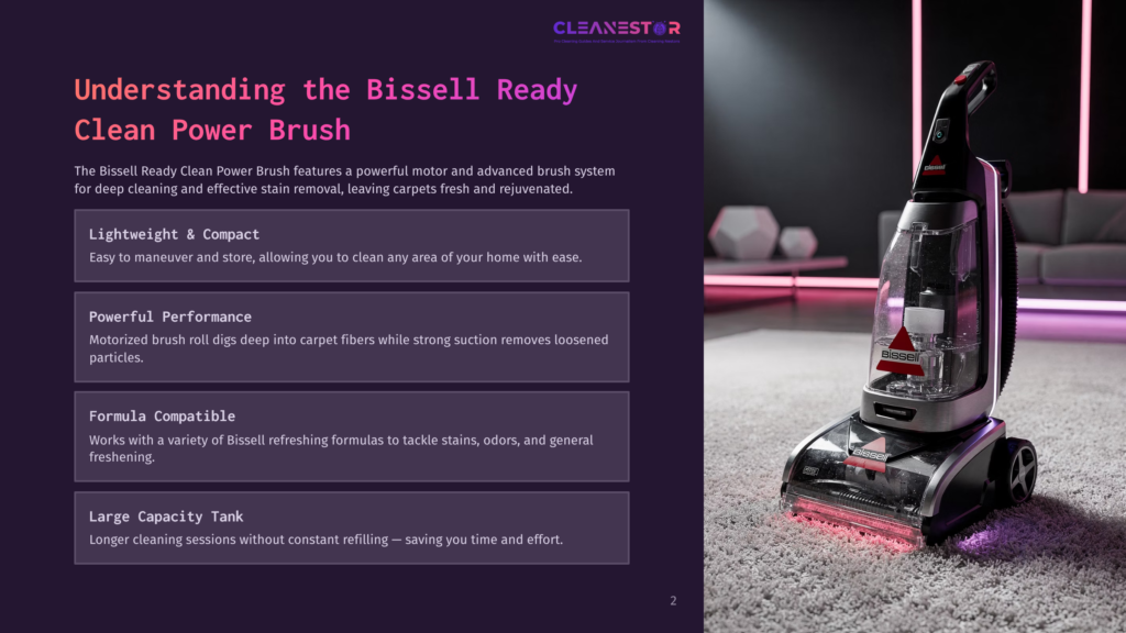 Bissell Ready Clean Power Brush Carpet Cleaner In Action, With Pink Led Lights Illuminating The Carpet. Text On The Left Describes Its Features: &Quot;Lightweight &Amp; Compact&Quot;, &Quot;Powerful Performance&Quot;, &Quot;Formula Compatible&Quot;, And &Quot;Large Capacity Tank&Quot;.