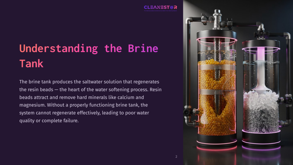 Close-Up Of A Brine Tank With Glowing Pink Lighting, Showing A Clear Tank Filled With Orange Resin Beads And Another Filled With White Ice, Illustrating The Water Softening Process.