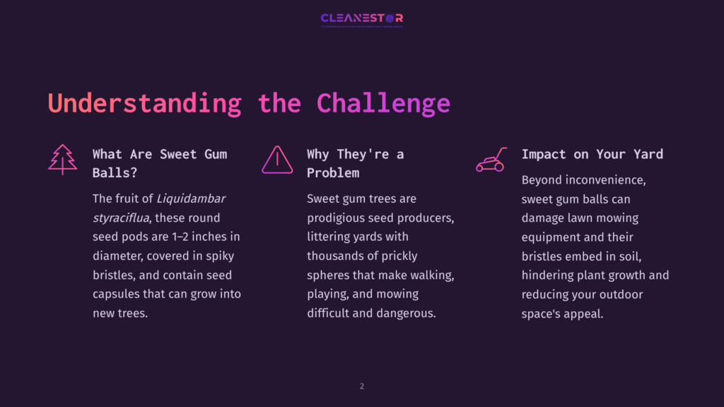 2 Understanding The Challenge Infographic Titled &Quot;Understanding The Challenge&Quot; With Three Sections: &Quot;What Are Sweet Gum Balls?&Quot;, &Quot;Why They'Re A Problem&Quot;, And &Quot;Impact On Your Yard&Quot;.