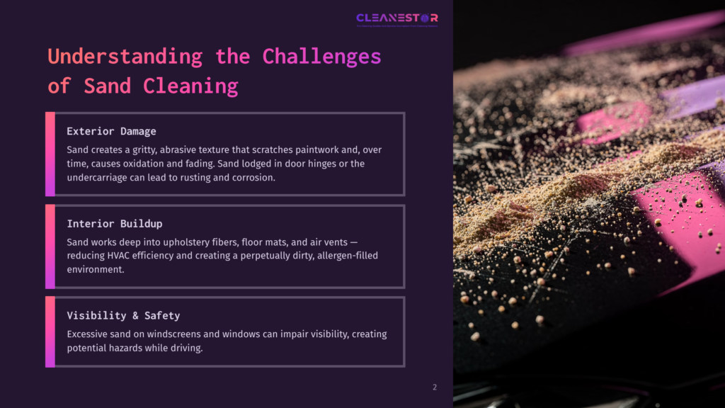 Close-Up Of Sand Particles Scattered On A Dark Surface, With Text Blocks Outlining Challenges Of Cleaning Sand From Vehicles In A Purple Layout.