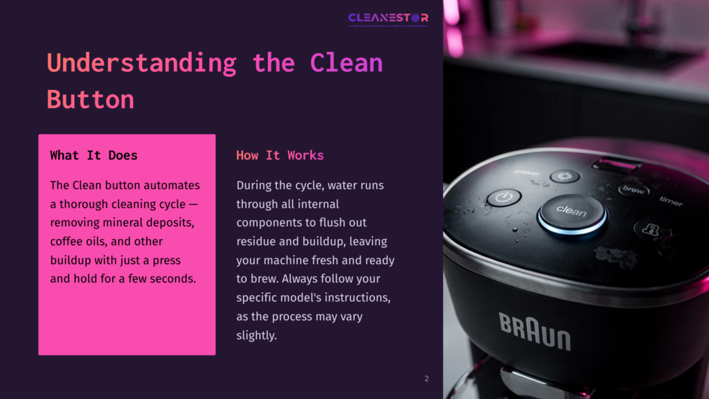 Close-Up Of A Black Braun Coffee Maker With A Glowing Blue &Quot;Clean&Quot; Button And Water Droplets On Its Surface. Text Overlays Read &Quot;Understanding The Clean Button,&Quot; &Quot;What It Does,&Quot; And &Quot;How It Works.