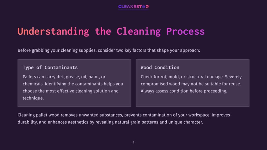 Text On A Dark Background Discussing Contaminants And Wood Condition For Cleaning Pallet Wood, With A Purple And White Color Scheme.