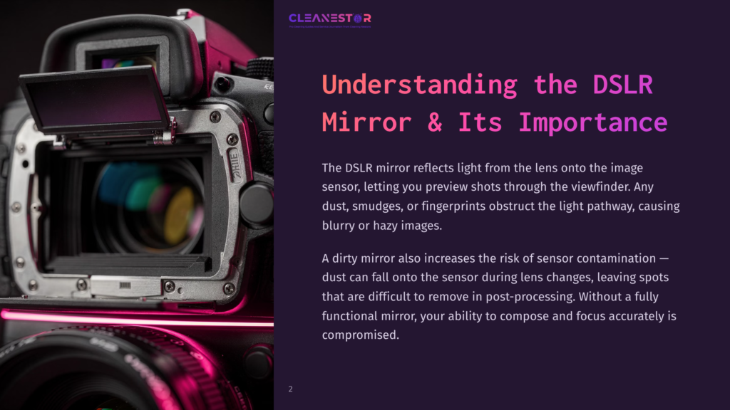 2 Understanding The Dslr Mirror And Its Importance Close-Up Of A Dslr Camera'S Open Mirror And Sensor, Showing Dust And Smudges. Text Reads &Quot;Cleanestor Understanding The Dslr Mirror &Amp; Its Importance&Quot;.