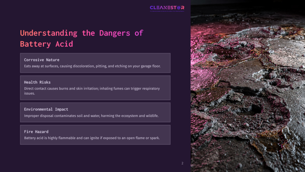 A Garage Floor Stained With Rust-Colored Battery Acid, Alongside Text Highlighting Its Dangers And Health Risks, On A Dark Background.
