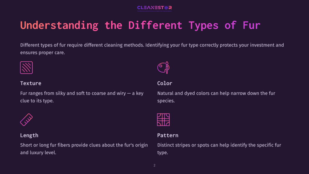 Graphic Detailing Types Of Fur With Sections On Texture, Color, Length, And Pattern, Featuring Bright Text And Icons On A Dark Background.