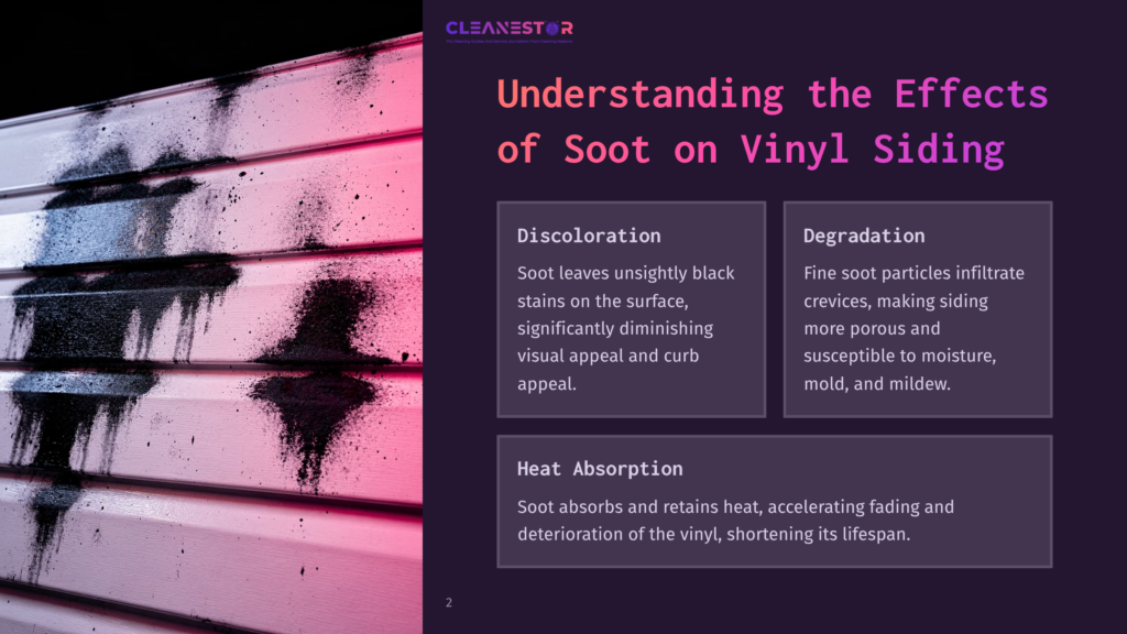 Two Sections Of Pink Vinyl Siding Show Soot Stains, Accompanied By Text Boxes Outlining Discoloration, Degradation, And Heat Absorption Effects.