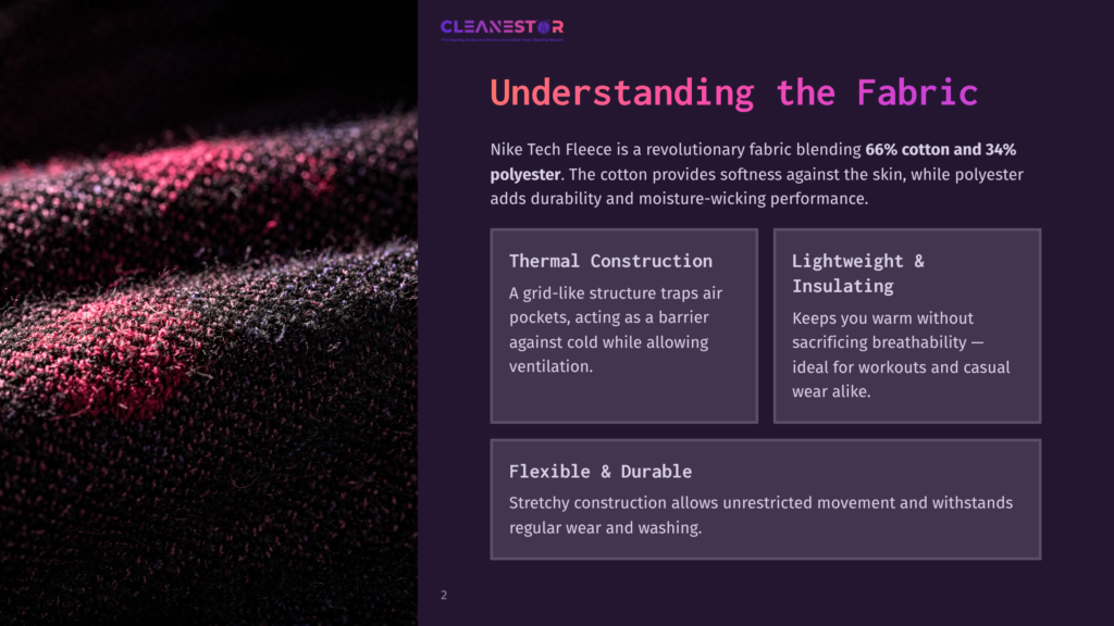2 Understanding The Fabric Close-Up Of Nike Tech Fleece Fabric With A Visible Texture, Showing A Blend Of Black And Red Threads. Text Overlay Describes The Fabric'S Properties: &Quot;Understanding The Fabric,&Quot; &Quot;Thermal Construction,&Quot; &Quot;Lightweight &Amp; Insulating,&Quot; And &Quot;Flexible &Amp; Durable.