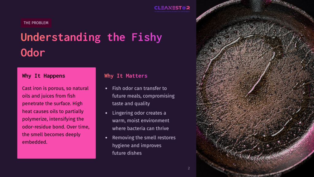 Close-Up Of A Seasoned Cast Iron Skillet With A Shimmering Layer Of Oil, Reflecting Light And Highlighting Its Dark, Textured Surface. The Image Illustrates The Problem Of Fish Odor In Cast Iron Cookware.
