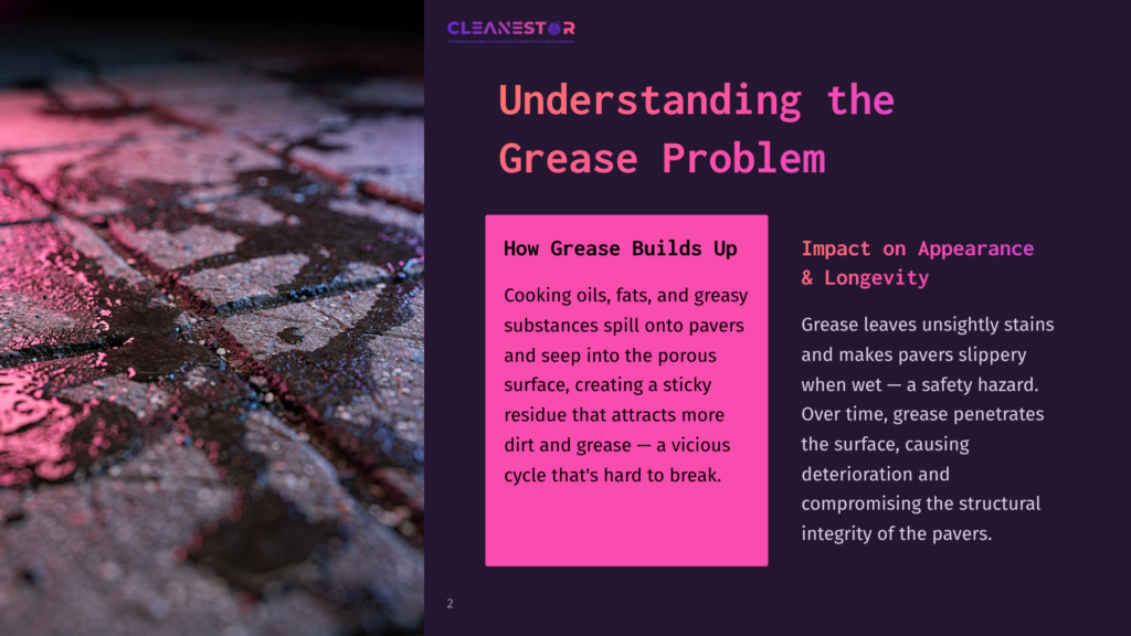 2 Understanding The Grease Problem Close-Up Of Wet, Dark Pavers With Pink And Purple Lighting, Showing Streaks Of Grease. Text Overlay: &Quot;Cleanestor Understanding The Grease Problem How Grease Builds Up Impact On Appearance &Amp; Longevity&Quot;.