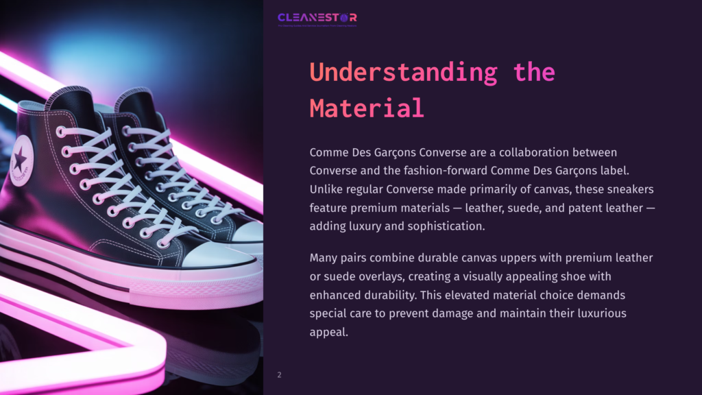 A Pair Of Black Comme Des Garçons Converse Sneakers With White Laces And Soles, Illuminated By Vibrant Pink Neon Lights. The Text &Quot;Cleanestor&Quot; And &Quot;Understanding The Material&Quot; Is Visible.