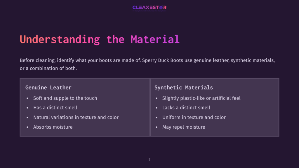 2 Understanding The Material Text Displayed On A Dark Purple Background, Comparing Genuine Leather And Synthetic Materials Used In Sperry Duck Boots, With Bullet Points Highlighting Key Features.
