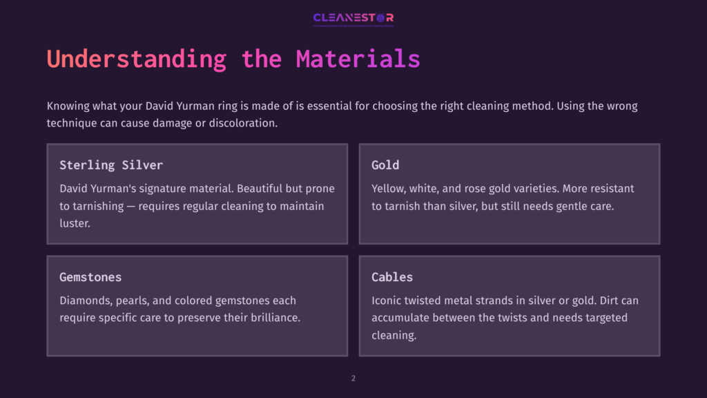 Text On A Purple Background Detailing Materials Used In David Yurman Jewelry: Silver, Gold, Gemstones, And Cables With Associated Care Notes.