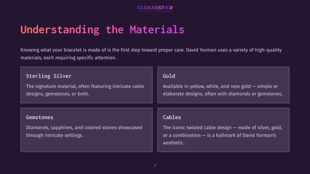Cleanestor Logo With Title &Quot;Understanding The Materials.&Quot; Sections Describe Sterling Silver, Gold, Gemstones, And Cables, Detailing David Yurman Jewelry Materials.