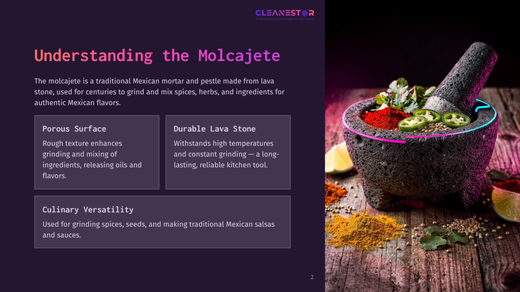 A Textured Black Molcajete With Vibrant Spices And Herbs, Alongside A Slice Of Lime, On A Dark Background With Informative Text.