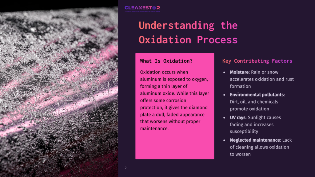 Close-Up Of Oxidized Aluminum Diamond Plate With A Mottled Texture, Overlayed With Pink And Purple Text Detailing Oxidation And Its Causes.