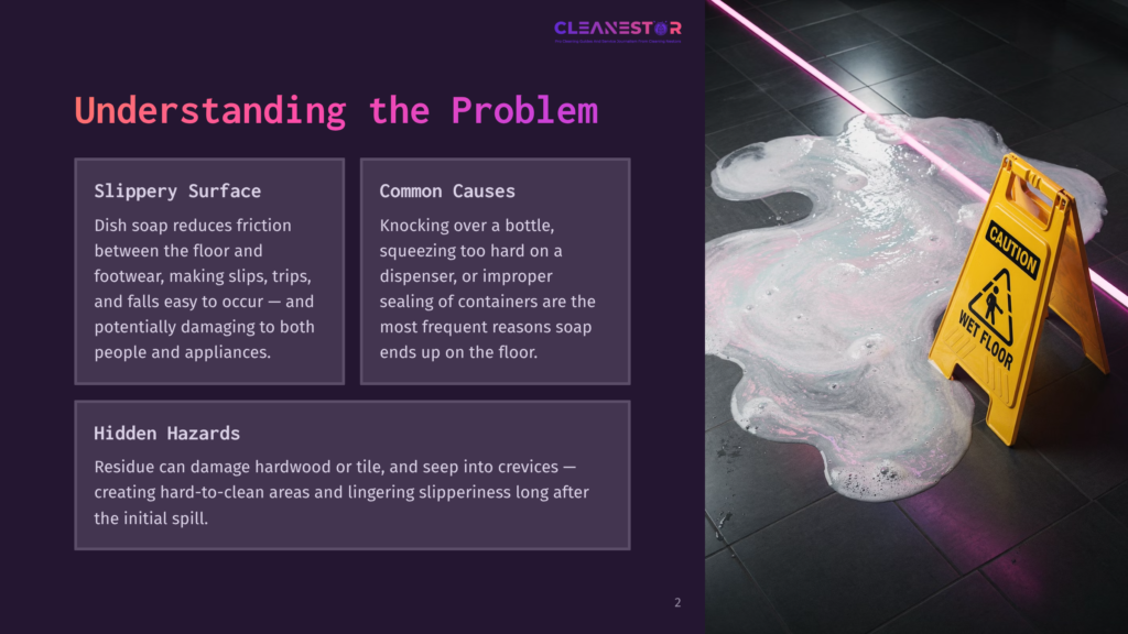 A Slip Hazard On A Dark Floor, Featuring Spilled Dish Soap And A Caution Wet Floor Sign, With Purple Text Boxes On The Left Side.