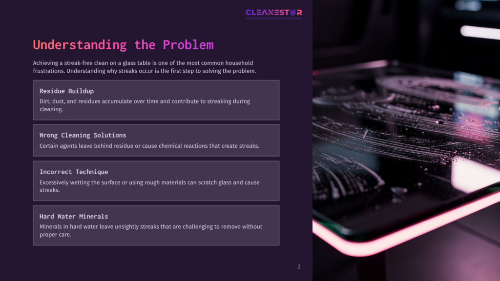 Text On A Dark Background Outlines Issues With Cleaning Glass Tables, Featuring A Partially Visible Glass Table With Streaks And Reflections.